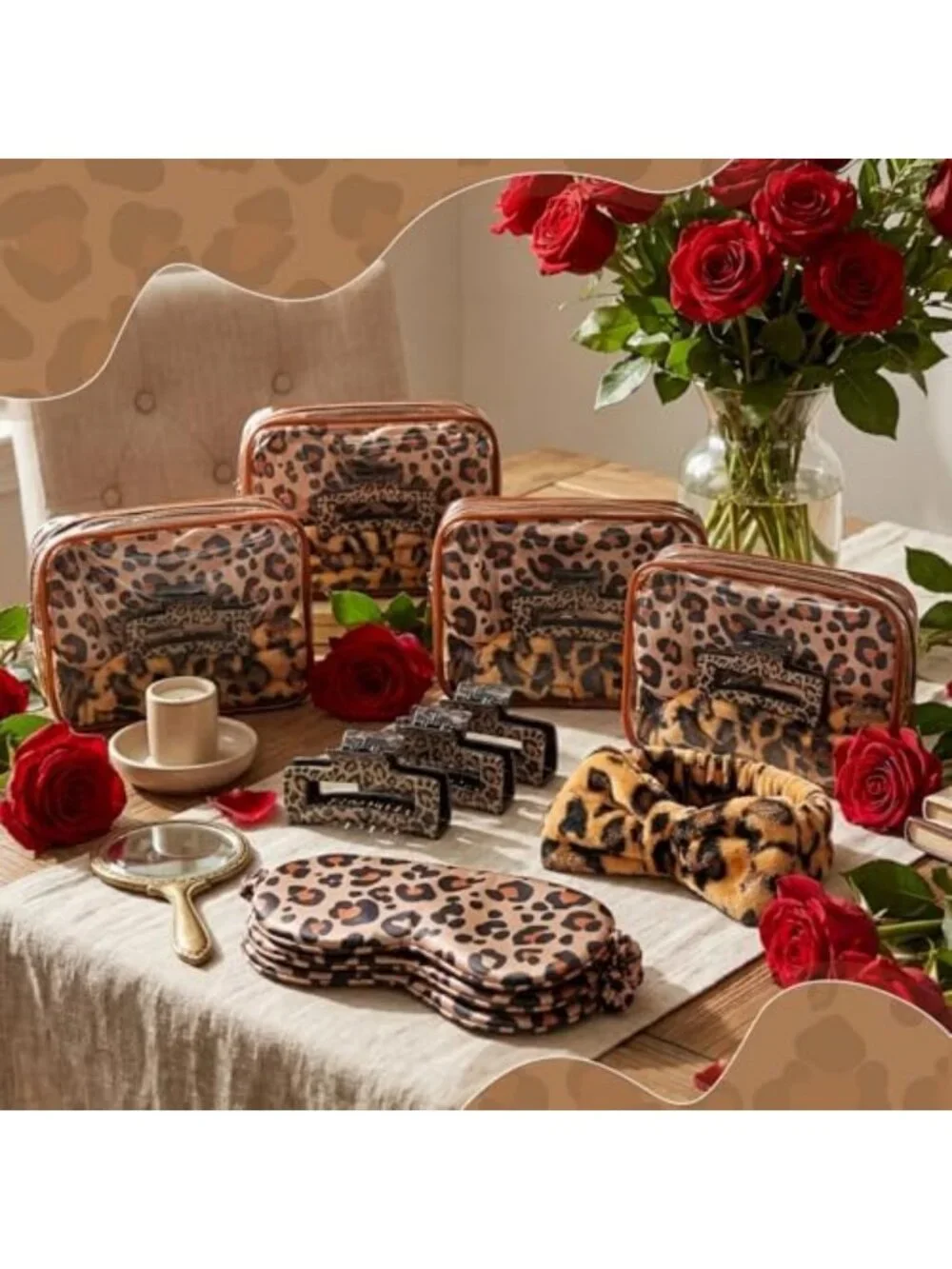 Cheetah Print Party Favors Set - Spa Headbands, Eye Masks, Claw Clips & Bags